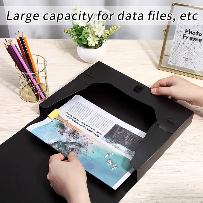 HUA JIE A4 Storage File Boxes Plastic Archives Cases with Lid, File Folder Organizer Document Filing Box for office, Letter Size Paper,31×4×24 cm, Black(Pack of 8)