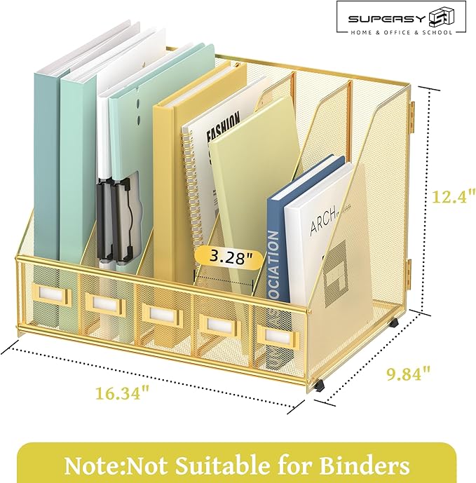 SUPEASY Desk Organizers Metal Desk Magazine File Holder with 5 Vertical Compartments Rack File Organizer for Office Desktop, Classroom, Home Workspace, Gold
