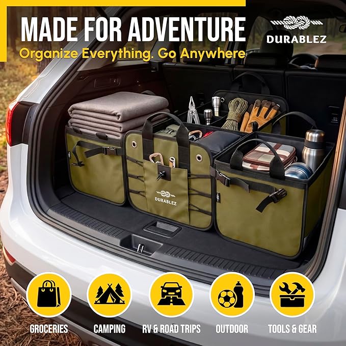 5-Section Extra Large Trunk Organizer – Heavy Duty 1680D Oxford, Collapsible & Foldable Car Cargo Organizer, Modular Multi-Shape Storage System for SUV, Truck, Van – Military Green