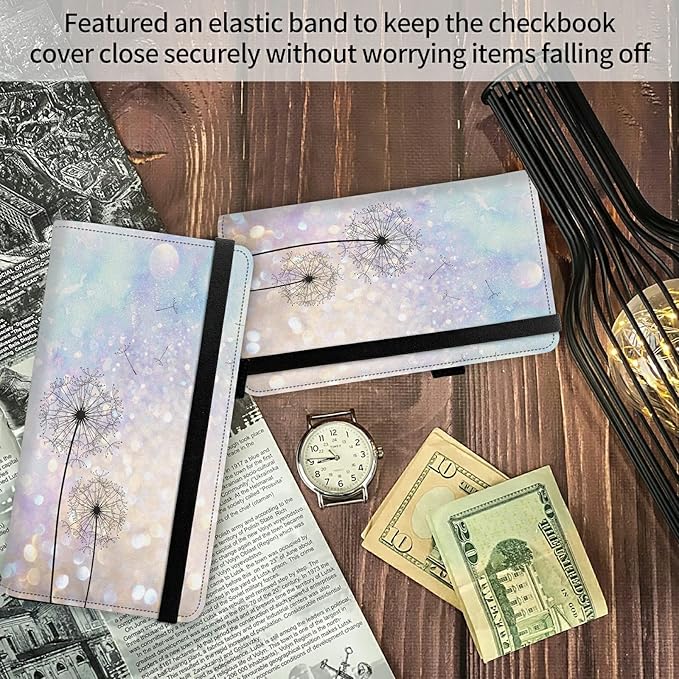 Leather Checkbook Covers for Men Women Check book Holder Cover Wallets for Personal Checkbook Duplicate Checks with RFID Blocking & Elastic Strap-Dandelion Floral