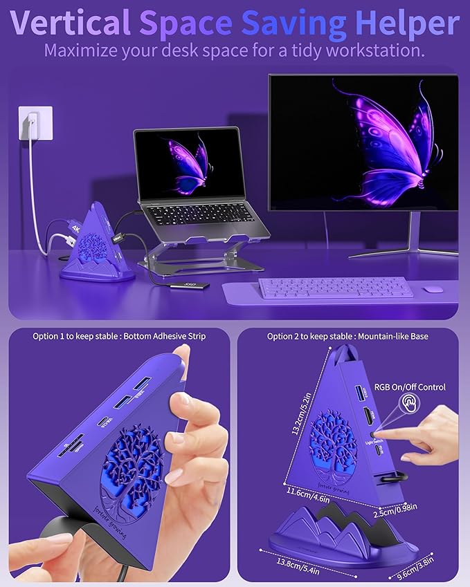 Purple USB C Hub, 8-in-1 USB C Multiport Adapter with 4K@30Hz HDMI, 100W Power Charging, 5Gbps Type C, 3 USB-A 3.0, SD/TF Slots& RGB Lighting, Purple Type C Hub for MacBook, iPhone17, iPad, XPS(Tree)