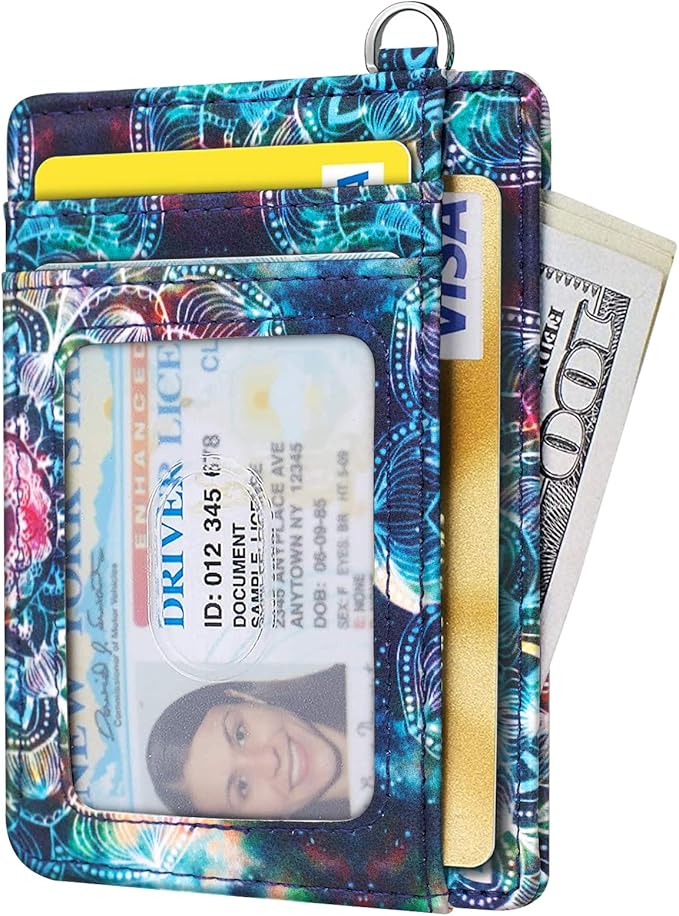 Coco Rossi Slim Front Pocket Wallet RFID Blocking Minimalist Credit Card Holder Wallet with D-Shackle for Women,Mandala