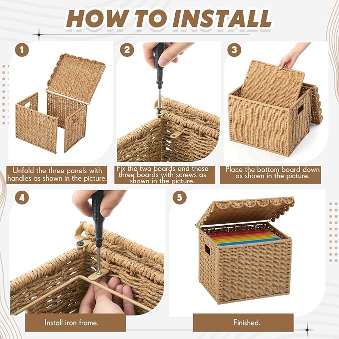 Jingmore Paper Rope File Storage Box with Scalloped Lid Collapsible Letter Size Hanging Filing Organizer Basket for Home Office, Woven Decorative Document Storage Box