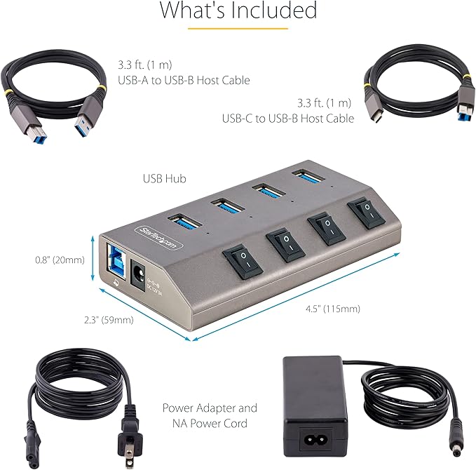 StarTech 4 Port Self-Powered USB C Hub with Individual On/Off Switches, USB 3.0 (5Gbps) Expansion Hub with Power Supply, Desktop Laptop USB-C to USB-A Splitter