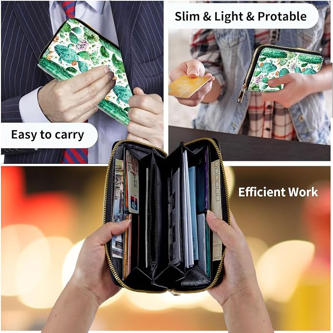 Wallet,Leather Long Wallet Suitable For Ladies And Teenagers - Detachable Wristband + RFID Travel Wallet With Card Slot - Cute Cactus
