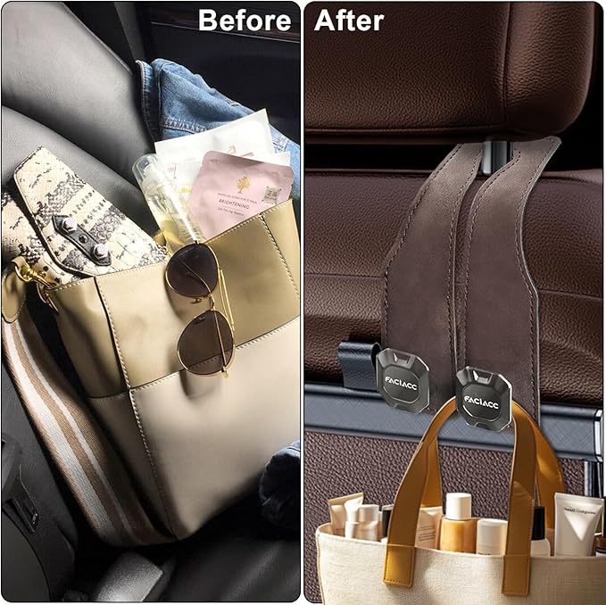 FACIACC 4 Pack Car Seat Headrest Hooks, Purse Hook for Headrest Universal Double Car Headrest Hooks Accessories Backseat Hanger Bag Holder Storage Hanger for Handbag Purse Coat Bags, Brown