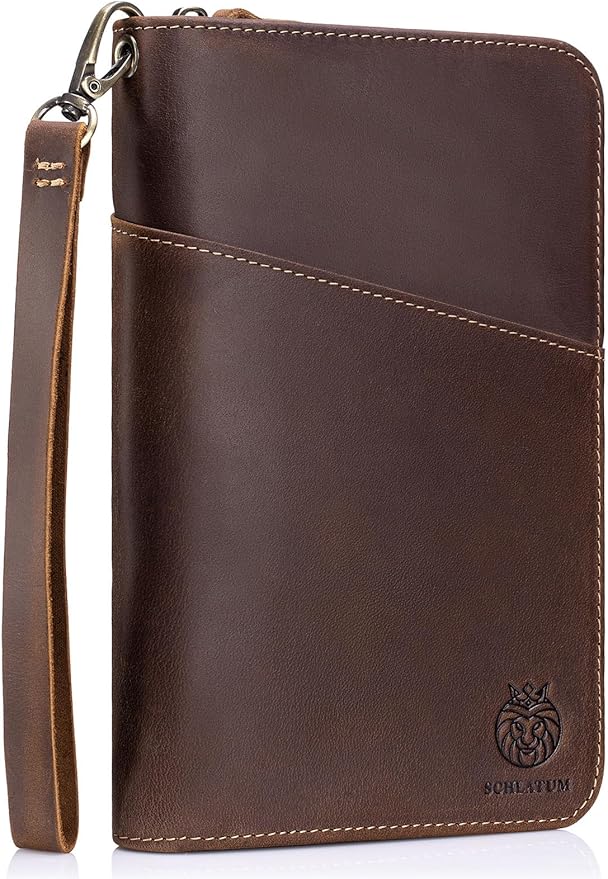 Leather Family Passport Holder RFID Blocking Vintage Zipper Large Capacity Travel Wallet with 6 Passport Slots & Wristlet