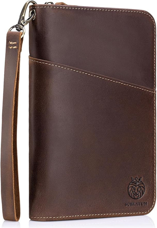 Leather Family Passport Holder RFID Blocking Vintage Zipper Large Capacity Travel Wallet with 6 Passport Slots & Wristlet