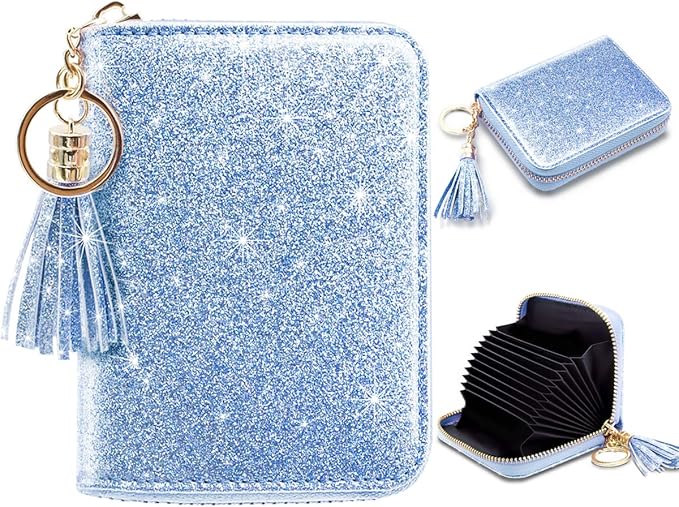 Coco Rossi Women's Small Credit Card Wallet ID Card Case for Girls RFID Glitter Cute Accordion Card Holder -Blue