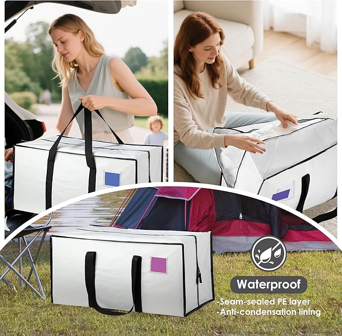 6 Pack Moving Bags Heavy Duty 210GSM with Full-Open Side Zipper, 93L 65lbs Waterproof Foldable Storage Totes for College Dorm Move-In, Moving Boxes Alternative & Home Organization,White