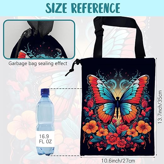 Car Garbage Bag Colorful Butterfly with Flowers Hanging Canvas Car Trash Bag Waterproof Drawstring Car Back Seat Organizer for Car Back Front Seat Console with Adjustable Buckle