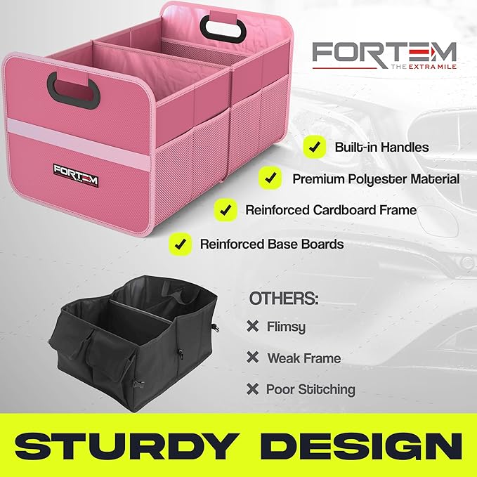 FORTEM Car Trunk Organizer, Collapsible Two Compartment Organizer, Foldable SUV & Truck Storage for Car Accessories for Women Men, Non Slip Bottom, Sturdy Side Walls, Strong Handles, 45L