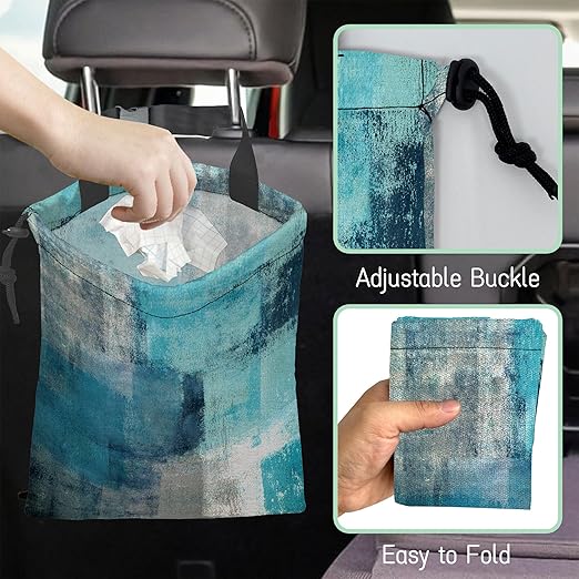 Abstract Art Car Trash Bag,Turquoise and Grey Hanging Drawstring Car Garbage Bag,Waterproof Canvas Car Back Seat Organizer with Adjustable Buckle,for Vehicles,SUVs,Camping,Road Trips