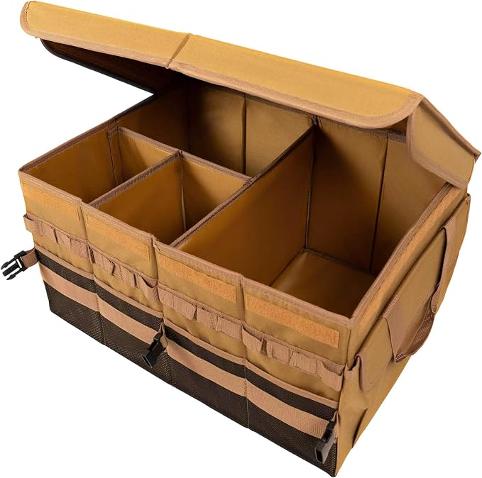 Large 70L SUV Trunk Organizer, Trunk Organizer With Lid, Foldable Cargo Storage Box, Brown, 4-Compartments With Handle,Universal for Car Sedan Truck Camping Grocery Shopping Travel