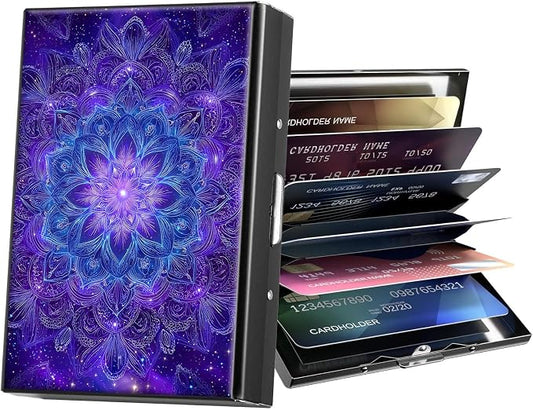 Metal Wallet,Credit Card Holder for Women Men,RFID Blocking Card Holder Mini Slim Aluminum Wallet ID Case Hard Case Business Card Holder Case,Purple Pattern