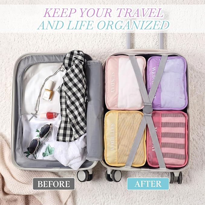 Days of Week Packing Cubes Weekly Organizer Travel Storage Bag School Clothes for Kids Summer Camp Family(12x9x5inch,Macaron,15)