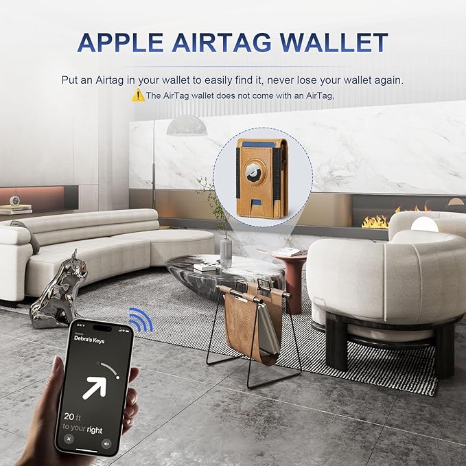Magnetic Wallet with Card Holder for Iphone12~16, Slim & Minimalist Air tag Wallet with RFID Blocking Card Holder, Genuine Leather, Stretch Front Pocket (Vivid Yellow)