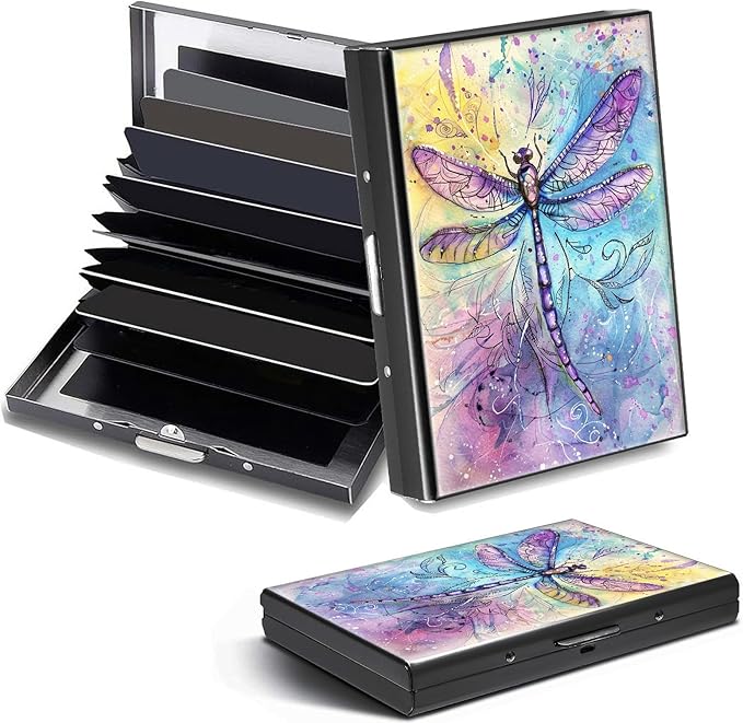 Credit Card Holder, Dragonfly Watercolour Design Mini RFID Blocking Aluminum Wallet Slim Metal Hard Case Shell Travel Wallet ID Case Small Credit Cards Case Business Cards for Women Men Girls