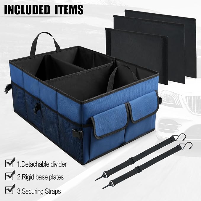 UYYE Auto Collapsible Trunk Organizer, 3 Large Compartments and 6 Pockets Durable for Cargo Storage, Easy to Storage Tools With Adjustable Securing Straps and Non-Slip Bottom for Car (Dark Blue)