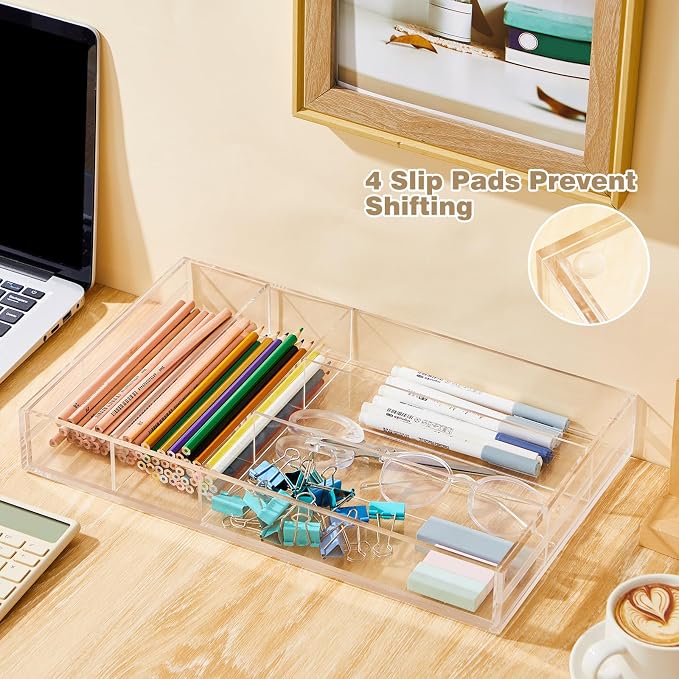 Briwooody 2 Pcs Acrylic Drawer Organizer 9'' up to 18'' x 15'' x 2'' Expandable Drawer Organizer Pens Notebook Ruler Makeup Tray with 7 Adjustable Compartments for Desk Office Kitchen Bathroom(Clear)