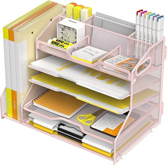 YINGHUA 5 Tier Paper Tray Letter Organizer with Top 6 Adjustable Compartments and File Holder - Paper Sorter Office Desktop Accessories with Handles for Document,Mail,School Supplies Storage,Pink