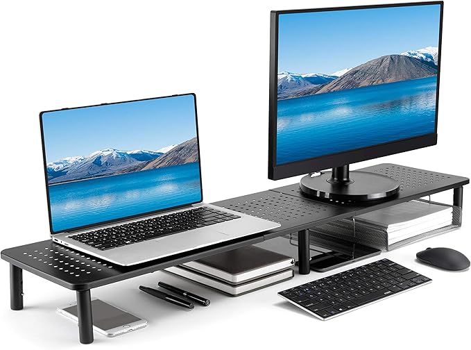 Husky Mounts Large Dual Monitor Stand Riser, Adjustable Legs, 39" x 9.25" x 5.5" Max Height, Matte Black Steel