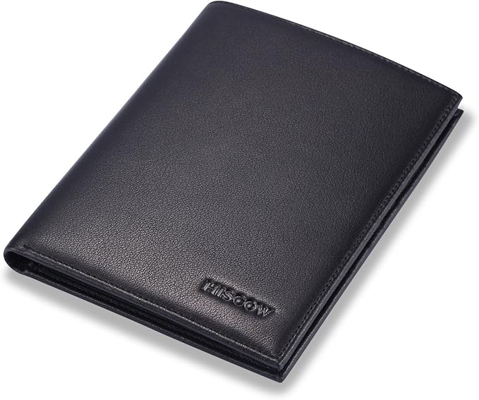 HISCOW Leather Passport Holder for Travel, Bifold Wallet, Black | Full grain cowhide, RFID blocking, 7 card slots, cash compartment, frosted ID window, travel essentials, premium gift box