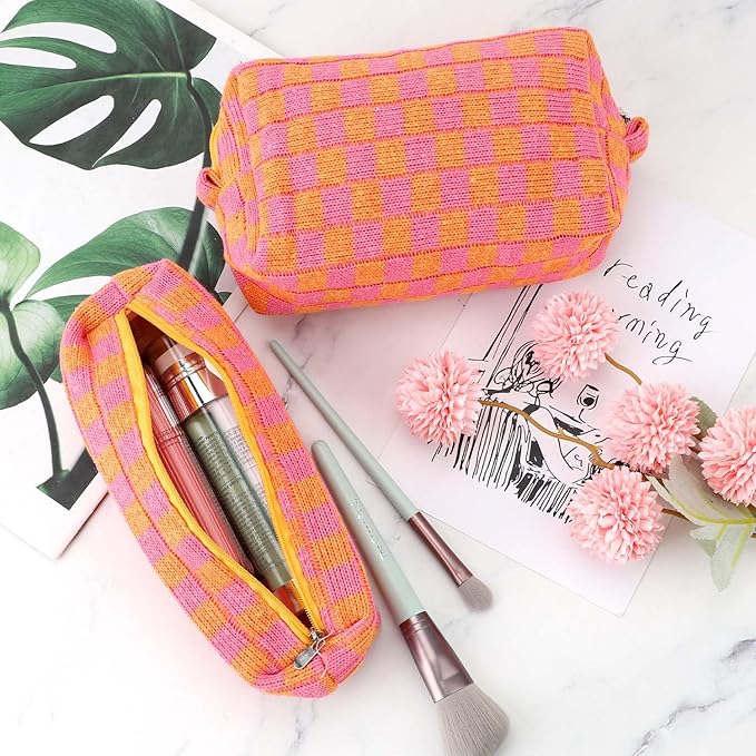 3 Pcs Makeup Bag Checkered Cosmetic Bag Large Capacity Traveling Toiletry Pounch Organizer Cute Makeup Brushes Aesthetic Accessories Storage Bag for Girls Women(Orange-Purple)