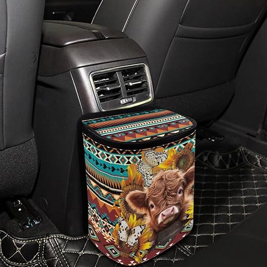 Biyejit Aztec Tribal Cow Leak-Proof Travel Car Trash Bag, Large Capacity Hanging Car Trash Can with Velcro Lid, Multipurpose Trash Bin with Storage Pockets for SUV Truck RV Camping