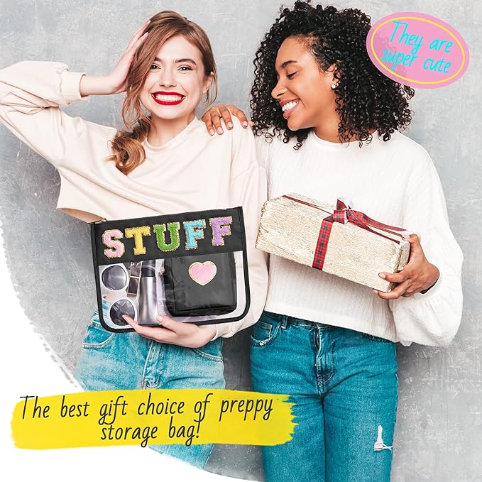 Preppy Patch Stuff Bag for Travel, 2 PCS Chenille Letter Clear Sunscreen Bag, PU Waterproof Beach Snack Makeup Cosmetic Bag Pouch, Gift for Women Girls