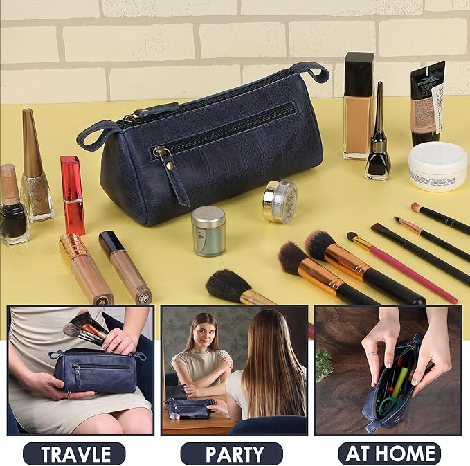 Leather Makeup Bag for Women – Genuine Leather Cosmetic Bag Travel, Handmade Zippered Makeup Pouch, Small Toiletry Bag, Shaving Kit & Stationery Organizer- Blue