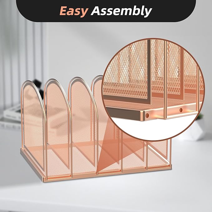 SUPEASY File Organizer for Desk, 5-Section Mesh Desk Organizer, Vertical File Holder Desktop Organizer File Sorter, File Folder Holder for Office Supplies, Rose Gold