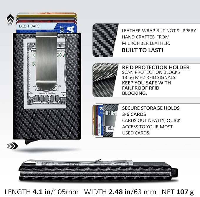 MOSIYEEF Slim RFID Blocking Card Holder Wallet for Men - Minimalist Pop Up Credit Card Holder Wallet with Stainless Steel Money Clip, Carbon Fiber Leather Wallet, Holds 6 Cards - Ideal Gift for Him
