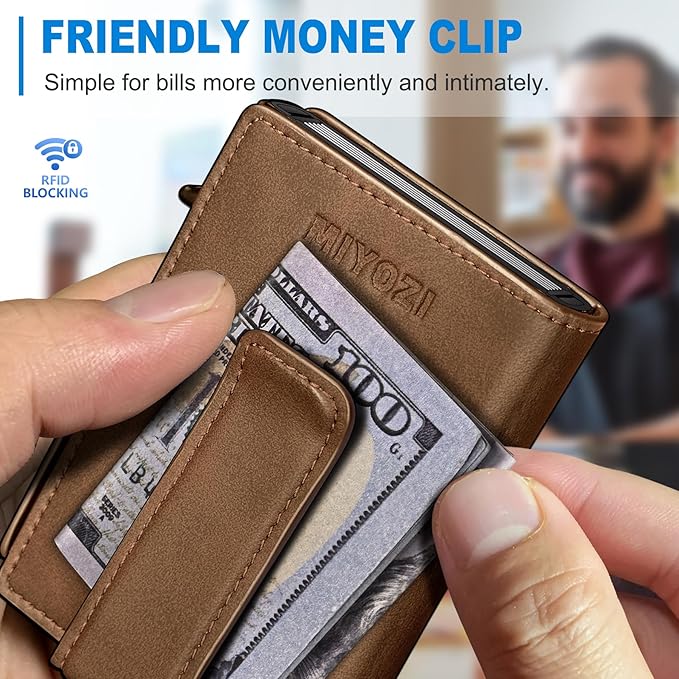 miyozi Men Wallet,with Money Clip Coins Pocket ID Window,Slim Front Pocket RFID Blocking Pop-up Card Holder 3.9"x 2.7", Gift Boxed