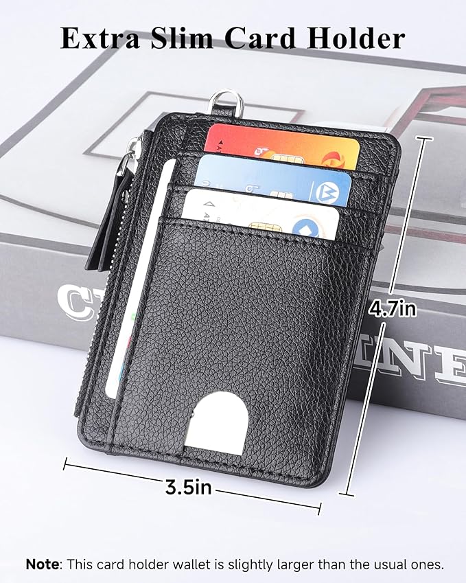 Teskyer Slim Card Holder Wallet with Zip Pocket, RFID Blocking, Total 9 Compartments Large Capacity, 3.5" x 4.7" (Slight Larger Than Usual), Faux Leather - Black