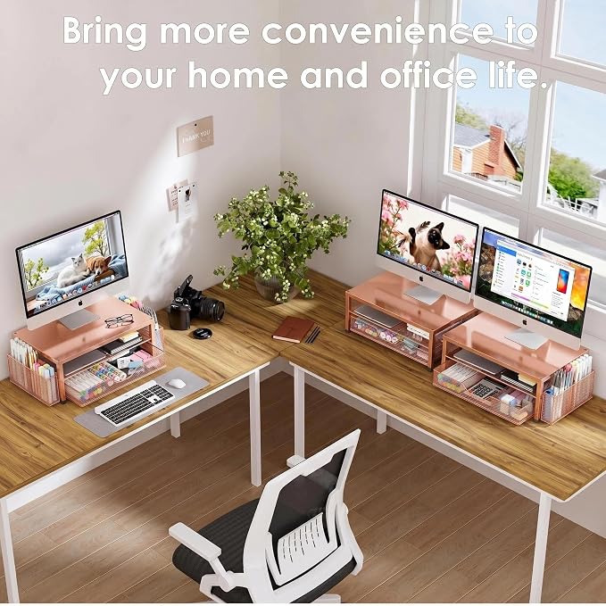 OPNICE Computer Monitor Stand Riser, Desk Organizer with Drawer, Printer & Laptop Stand, Office Desk Accessories & Workspace Desktop Organizers Storage for Office Supplies(Rose Gold)