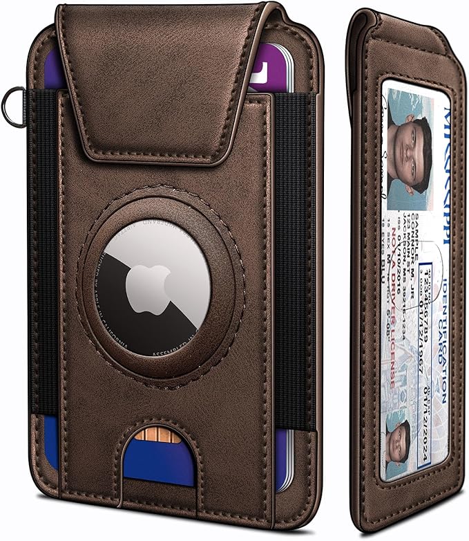 miyozi Ultra Slim AirTag Card Holder for Men - RFID Blocking Minimalist Wallet with Magnetic Flap, 0.25" Thin No Bulge Pocket Wallet, Holds 6-8 Cards with ID Window, Gift Boxed