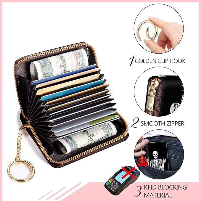 Blusabaca RFID Credit Card Holder Wallets for Women, Small Card Case Wallet with Keychain and Zipper, Skull Skeleton Rock Funny Leather Card Holder Pocket Business Accordion Wallet