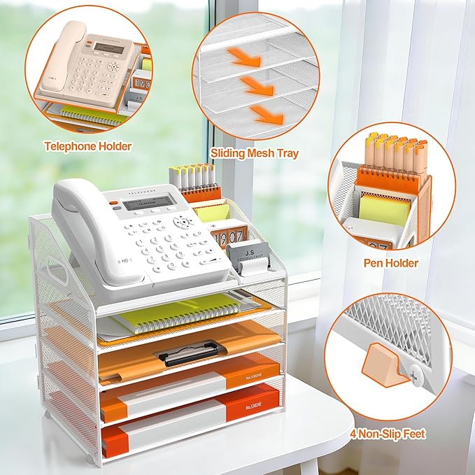 DocNest 5 Tier Metal Mesh Letter Tray - Space Saving Desk File Organizer with Handle, Pen Holder & Folder Holder - Desktop Document Sorter for Office, Home, School, Classroom - White
