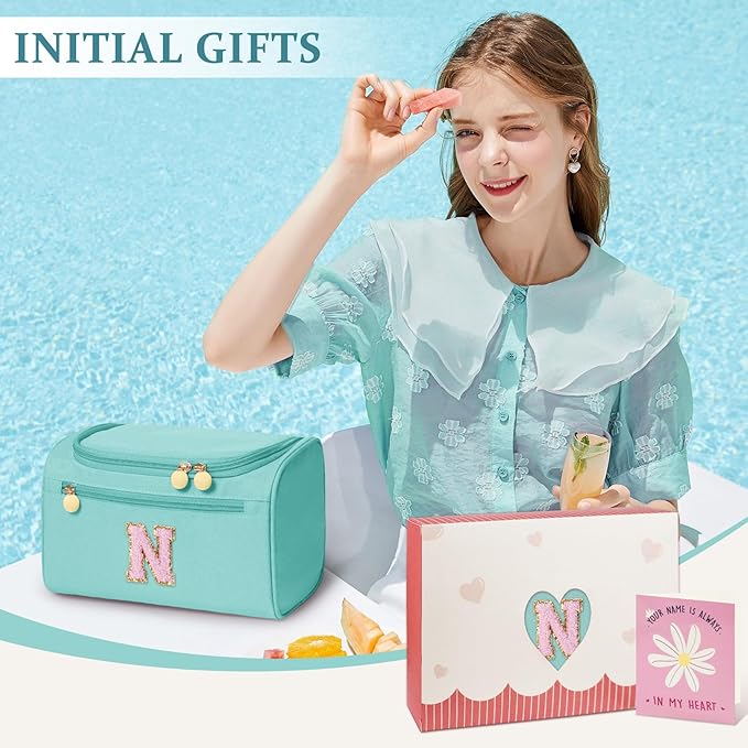 COSHAYSOO Initial Girls Hanging Travel Toiletry Bag Traveling Size Skincare Toiletries Bags Teen Girl Trip Gifts Favors, Summer Fall Camp Essentials for Teenage Sleepaway Sleepover Teal Blue Letter N