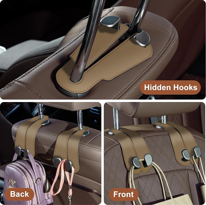 CoBak Purse Hook for Car - Universal Premium Stitched Leather and Aluminum-Magnesium Alloy Double Car Seat Back Storage Hook for Purses, Handbags, Bags (2 Pack),Khaki Beige