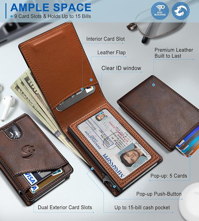 Wallet for Men, Slim Pop Up Card Holder with RFID Blocking, Minimalist Bifold Wallet with 9 Card Slots, ID Window and Cash Pocket, Metal Flip Case with Magnetic Closure, Gift Box
