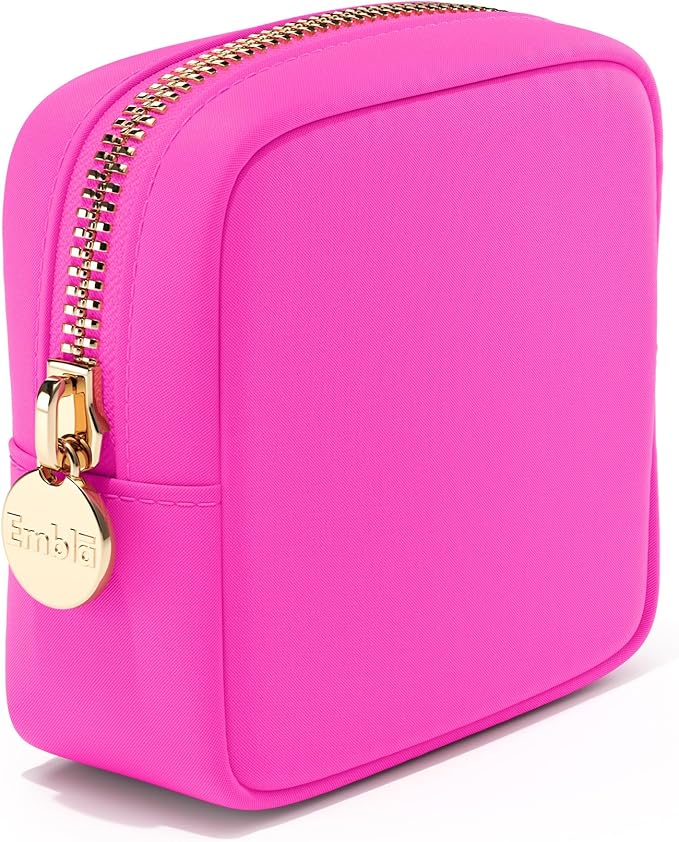 Embla Small Makeup Bag for Purse, Mini Waterproof Nylon Cosmetic Pouch, Durable and Lightweight Travel Toiletry Bag with Smooth Zipper, Hot Pink