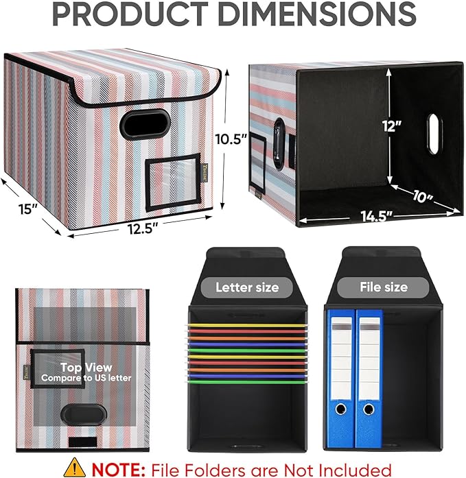 BALEINE File Organizer Box with Lid, Collapsible File Folder Organizer with Plastic Slide, Hanging File Folder Box for Office Document Storage (2 Pack, Color Stripe)