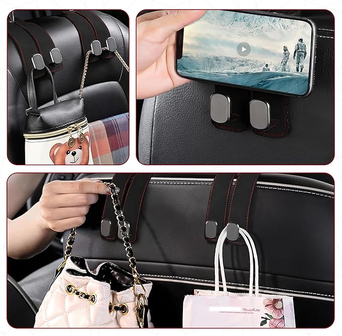 4 Pack Double Car Purse Hook Holds Up to 25 kg / 55 lbs XL Faux Leather with Durable Metal Hook (2.7x2cm) – Perfect Headrest Hooks for Car to Organize Bags and Essentials (Black)