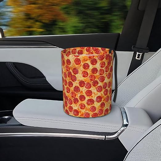 Car Garbage Bag Pizza Pepperoni Mini Car Trash Bin Portable Collapsible Waterproof Rubbish Bag for Car Accessories Back Front Seat Cup Holder