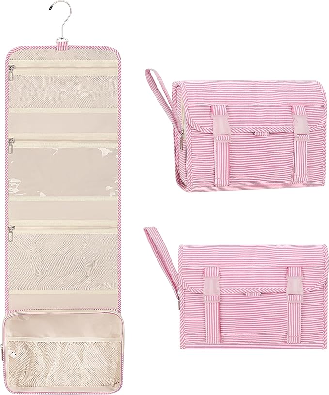 Relavel Hanging Toiletry Bag for Women, Large Makeup Travel Bag with Separate Compartment, Water Resistant Toiletries Bag for Travel Accessories, Portable Bathroom Bag for Trip Camping- Pink Strip