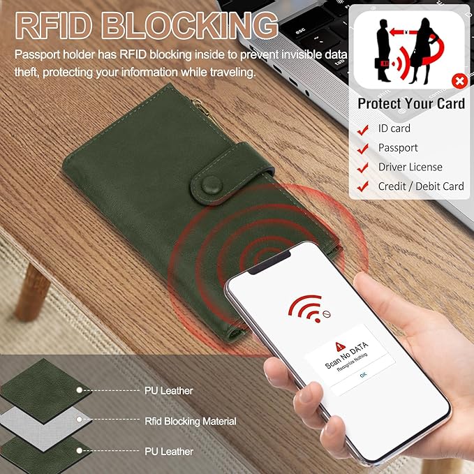 BKNOOU Passport Holder Rfid Blocking Travel Passport Wallet for Women and Men, Compact Leather Travel Wallet Trifold Clutch Wallet, Passport Cover Holds Cards, Tickets, Cash and Pen
