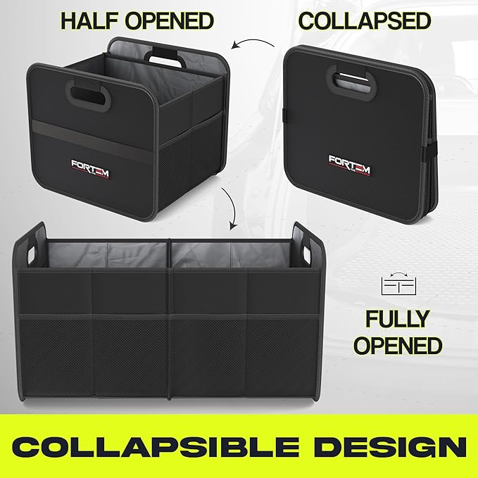 FORTEM Car Trunk Organizer, Collapsible Two Compartment Organizer, Foldable SUV & Truck Storage for Car Accessories for Women Men, Non Slip Bottom, Sturdy Side Walls, Strong Handles, 45L