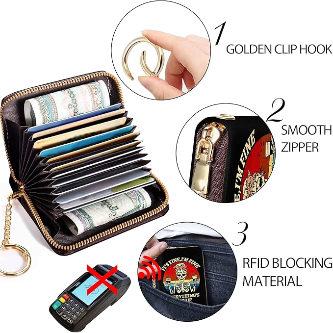 Credit Card Holder RFID Wallet, Small Card Holder Wallet for Women with Keychain Zipper, Funny Leather Print Credit Card Wallets Accordion Gift